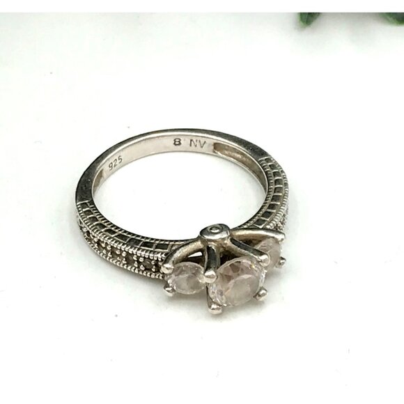 Vintage Sterling Silver 925 Three-Stone Ring With Clear Gemstones - Picture 4 of 7